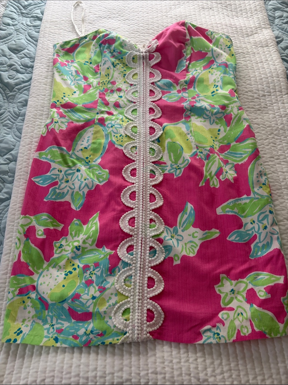 Lilly Pulitzer Pink, Green & Aqua Floral Strapless Dress with White Trim